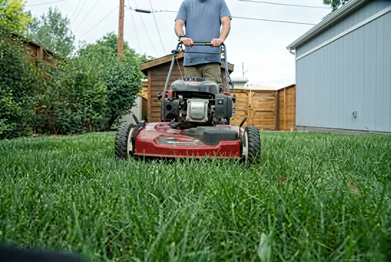 Freshly mowed front lawn with crisp mowing stripes in front of a charming home