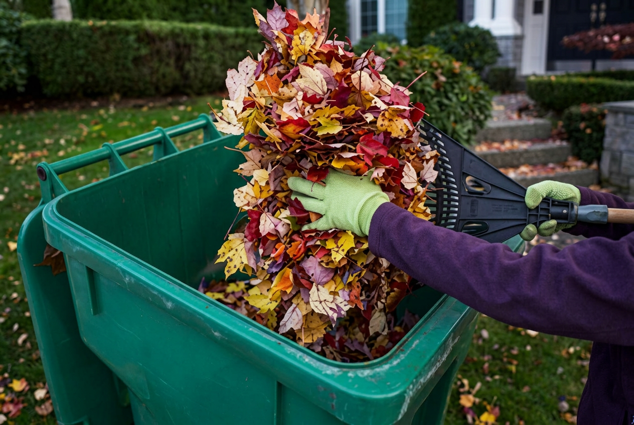 Worker raking autumn leaves on a green lawn